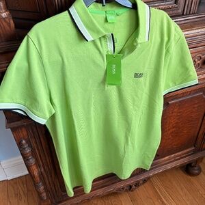NWT HUGO BOSS Light Green Paddy Polo shirt with Black and White Collar Detail--L